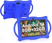 BYANDBY Kids Tablet, 7 inch Android 14 Tablet for Kids, 8GB+32GB ROM+1TB Expand Quad-Core Toddler with Shockproof Case, BT, WiFi, Parental Control, Dual Camera, Games (Blue)