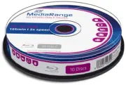 10-Pak 25GB MediaRange 2X BLU-RAY BD-RE's with Logo-top in Cakebox, #MR501