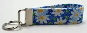 Daisies White on Blue Key Chain Ring Fob Handmade Custom Designer