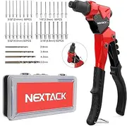 NEXTACK Rivet Gun, Pop Rivet Gun with swivel Head for Tight Space, 4 HSS Drill Bits, 200 Assorted Rivet Kit & 4 Nosepieces in Organized Carrying Case NT200