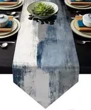 Table Runner,Blue Abstract Modern Art Burlap Table 13"x 71" Blue and Grey