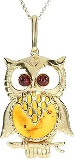 [Artisana-Schmuck] Amber Owl Pendant (without Chain), Set in 925/000 Sterling Silver Gold-Plated, Groß, Gold-plated sterling silver Baltic Amber, Amber