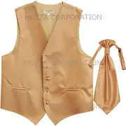New Men's Tuxedo Vest Waistcoat Horizontal Stripes Ascot Cravat prom party Beige