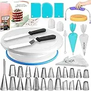 RFAQK 65 Pcs Cake Decorating Supplies Kit with Cake Turntable-24 Numbered Piping Tips with Pattern Chart and EBook- Straight & Angled Spatula-30 Icings Bags- 3 Icing Comb Scraper Set