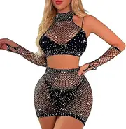 [Generic] Lingerie for Women Christmas Skirt Sexy Fishnet Girl Rhinestone Crystal Arm Sleeve 3 Piece Suit Dresses Bodystockings Clubwear Lingerie Sleepwear Plus Size Chemise 4x-5x