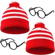 4 Pieces Red White Knit Beanies and Glasses Frames Set, Halloween Costume Red White Pom Pom Beanie Hat Cuff Hat and Round Retro Glasses Frames for Party Christmas Costumes Accessory