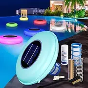 Solar Pool Cleaner & LED RGB Floating Light with Copper Ionization, Solar Powered for Crystal Clear Water, Up to 35,000 Gallons, for Fresh & Salt Water Pools & Spas