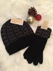 MICHAEL KORS GORGEOUS Black Set of BEANIE AND GLOVES W/ Brown MK LOGO NWT!!!