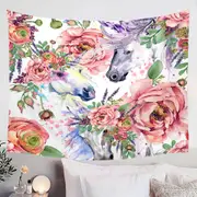 Beautiful Painting of Flowers and Horses Tapestry