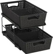 2 Tier Bathroom Organizer Tray Pull-Out Sliding Drawer/Under-Sink Storage, Black