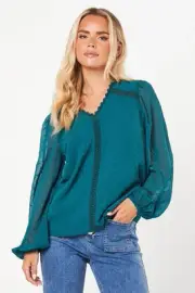 Dorothy Perkins Womens Blouse Forest Balloon Sleeves Lace Trim Chiffon