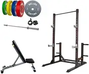Olympic Bumper Plates Multi-Color and Adjustable Bench with Squat Rack Include Barbell and Plastic Snap Locks
