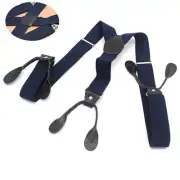 Button Holes Link Men's Suspenders-Navy Blue Polyester Fiber with Rubber Band