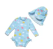 [ADAVERANO] Baby Girls One-Piece Swimsuits Ruffle UPF 50+ Sun Protection L/S Infant/Toddler Rash Guard with Sun Cap.