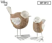 Set of 2 Willow & Silk Mother & Baby Bird Ornaments - Natural/White