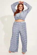 Dusty Blue Plisse Pants Wide Leg High Rise