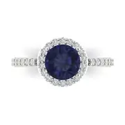 2.40 ct Round Cut Halo Blue Sapphire Promise Engagement Ring 14k White Gold