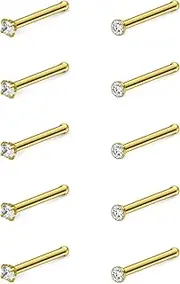 [Hoeudjo] Nose Studs Surgical Steel Cubic Zirconia Nose Rings Kit for Women Men Tiny Nose Stud Screw & Bone & L Shaped Nostril Piercing Jewelry 22-18 Gauge 10 Pieces