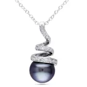 8.0 - 8.5mm Black Cultured Tahitian Pearl and 0.1 CT. T.W. Natural Diamond Spiral Pendant in Sterling Silver