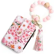 [Generic] Boho Wristlet Wallet, Women's Boho Style Beaded & Tasselb Floral Keychain, Tassel Charms Keychain with Flower Pattern Wallet, Silicone Beaded Keychains Wristlet with Wallets (H)