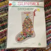 Vtg Sunset Crewel Stitchery Christmas Stocking Kit- Fantasy Tree Toys #2025
