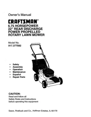 Owner’s Manual Sears Craftsman 6.75 HP Rotary Lawn Mower - Model 917.377582