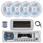 Pyle Bluetooth Marine Radio, Cover, Antenna,Wire, 4x 6.5" 250W LED White Speaker
