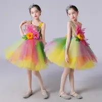 在飛比找蝦皮購物優惠-D4/兒童表演服 七彩小花朵蓬蓬裙女童花仙子舞蹈服紗裙學生合