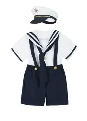 Kids Baby Boy's Sailor Shirt Gallus Trouser 4Pcs Set Hat Scarf Navy White #605 A