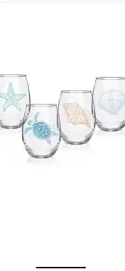 Ocean Themed Stemless Wine Glasses, Set of 4 Seashore Assortment (Printed)