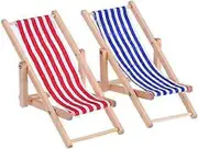 Elegant Wooden Beach Chair For 1_12 Scale Decoration, High Quality Wooden Miniature Accessories With Red/Blue Stripe, Foldable Lounge Chair For