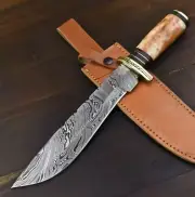 Custom Handmade Damascus Steel Blade Hunter Bowie Knife with Camel Bone Handle