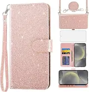 [Asuwish] Mobile Phone Case for Samsung Galaxy S24 Plus S24+ 5G, Case with Strap, Film, Protective Film, Card Slot, Foldable, Glitter, Leather, Wallet, Stand, S24plus 24S, S 24 + Mobile Phone Case, Rose