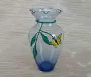 Studio Art Glass Ruffled Top Vase Hand Blown Clear Cobalt Blue w/ Leaf Butterfly