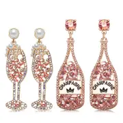 Heytea 2 Pairs Rhinestone Champagne Bottle Earrings Crystal Wine Glass Dangle Earrings for Women Delicate Champagne Flute Earrings Party Celebratio...