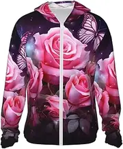 [LHBWCVN] UPF 50+ Light Jacket Full Zip Sun Protection Hoodie for Women Men Long Sleeve Rose and Butterflies Sun Shirts