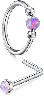 MODRSA 18g Nose Ring Opal Nose Ring Opal Nose Stud L Shaped Opal Nose Hoop Clicker Silver Gold Nose Rings for Women Cartilage Hoop Earring Cartilage Hoop Helix Hoop Earring White Daith Earring Hoop