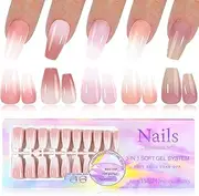 French Gel Nail Tips -150Pcs French Tip Press on Nails Pink Medium Almond 3 in 1 X-coat Tips Pre-applied Base Coat, No Need to File Fake Nails for Nail Art DIY 15 Sizes (Gradient color, Square)
