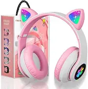 Wireless Headphones for Kids,Cat Ear LED Light Up Bluetooth Kids Headphones with Microphone for School/Travel/Sports/Gaming/Gifts/Christmas (Pink)
