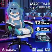 ALFORDSON LED Gaming Office Chair with 8-Point Massage Fabric Blue White