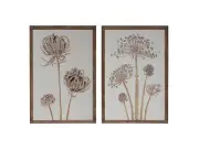 Bloomingville Engraved Wood Flower Wall Décor with Wood Frame, Cream, Set o
