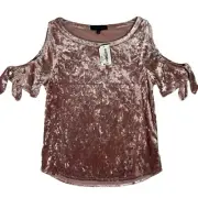 NEW Sanctuary Rose Pink Crushed Velvet Top Size XS Cold Shoulder Retro Clueless