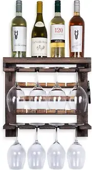 Stemware & Wine Holder Wall Mounted Shelf - Walnut Wooden Storage: Veneto