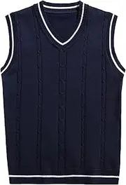 [OFFSUM] Men'S Knitted Vest - Large Size Fashion Striped Knitted Vest Sleeveless V-Neck Solid Color Patchwork Loose Autumn Winter Waistcoat Jacket