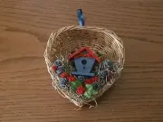 Red and Blue Wall Hanging Rose Basket with Birdhouse Accent