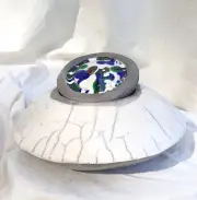 Unikat Raku Dose mit Deckel Töpferkunst mit Glas Bonbonniere Schale creme blau