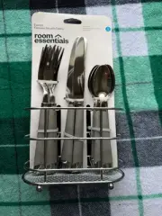 NEW IN BOX! ROOM ESSENTIALS EVERETTE GRAY 12 PIECE FLATWARE + CADDY SET LOT5424