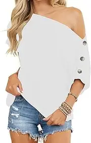 [Eniloyal] Off Shoulder Top Women's Elegant Oversized T-Shirt Summer T Shirts with Batwing Sleeves Button Placket Loose
