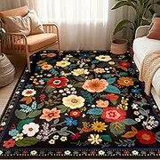 Washable Area Rug, Runner Rug, Round Rug, Non Slip Boho Floral Vintage 5x7 Area Rugs for Living Room, 5x7 Rug for Bedroom, Dining Room, Low Pile Carpet Indoor-Black