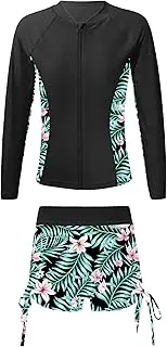 [TiaoBug] Kids Girls Swimming Costume 4 Piece Long Sleeve Floral Swimsuit UV Sun Protection Rash Guard Swimwear